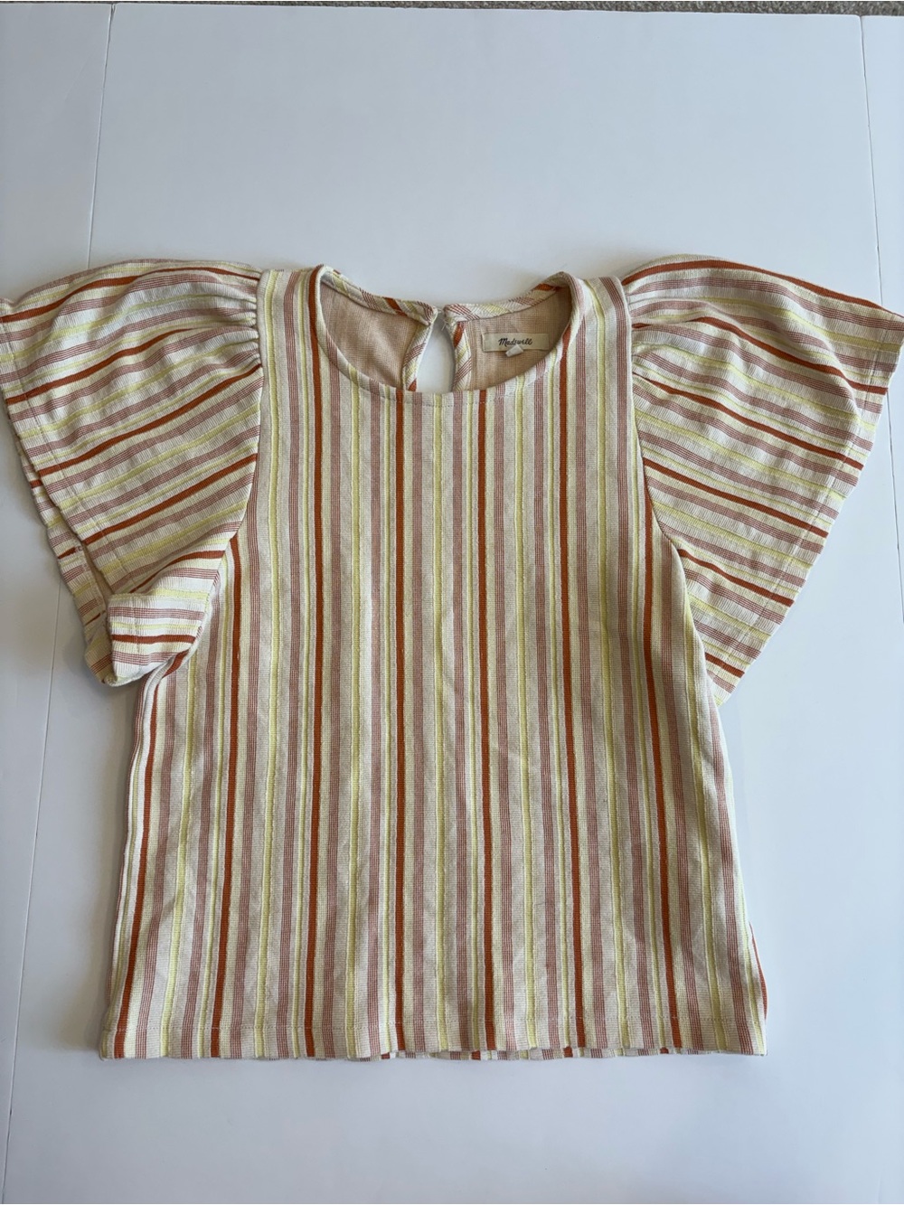 Madewell Textured Striped Flutter-Sleeve Top in Cream, Orange & Yellow XS
